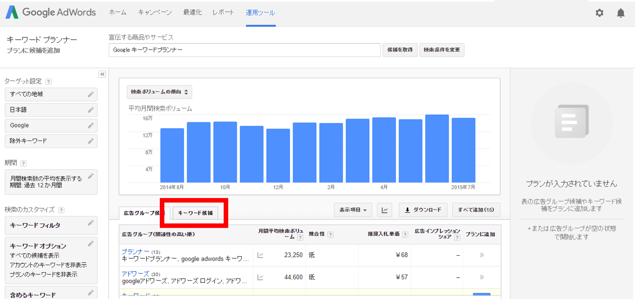 Google AdWords キーワードプランナー